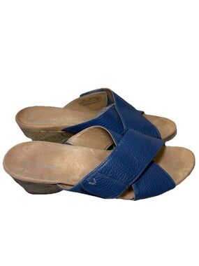 Vionic Leticia Women's Sandals Blue Leather Criss Cross Cork Wedge Shoes Size 10